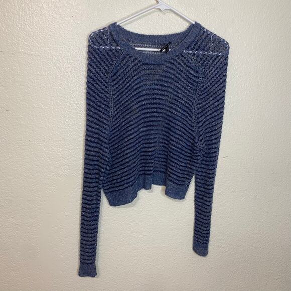 Theyskens Theory Navy Open Knit Striped Linen Silk Blend Crewneck Sweater Size M - Picture 1 of 6